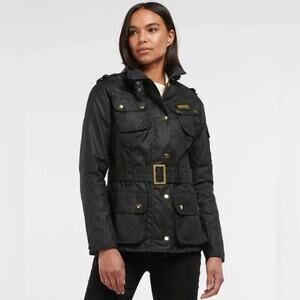 Barbour Rainbow International Gold Waterproof Black Belted Military Jacket US 6